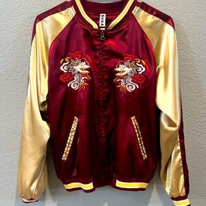 SUKA Jacket Embroidered Sukajan Map of Japan Dark Red Gold Satin SZ SMALL/MED ??
